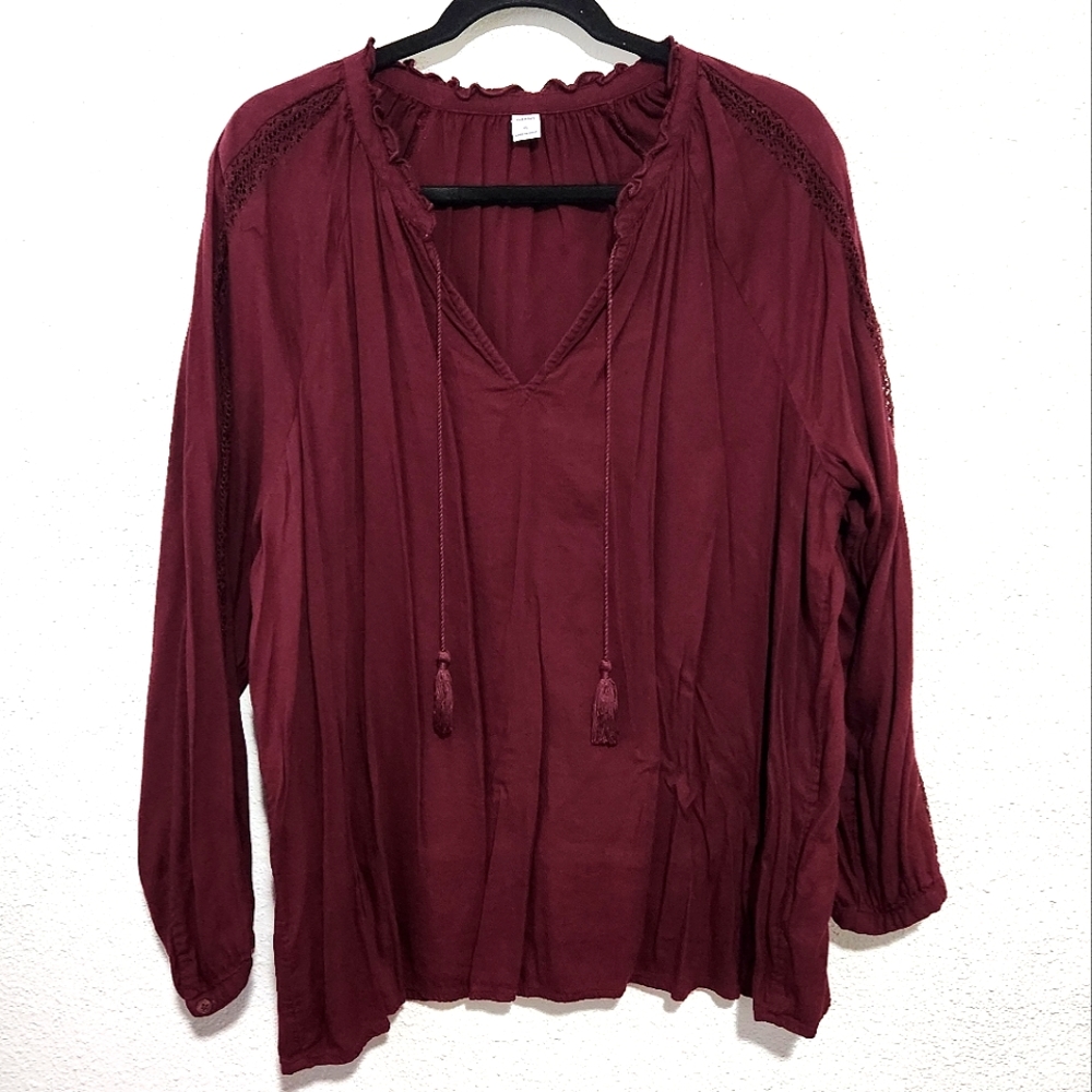Burgundy Long sleeve blouse with lace detail